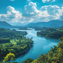 Obraz premium blue sky with white clouds, wide angle view of the landscape of Thailand and an Indian style lake in front of it, surrounded by greenery and mountains, blue water surface