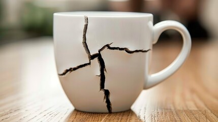   A white coffee cup, cracked in the middle, sits on a weathered wooden table against a softly blurred background