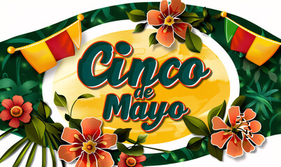 Cinco de mayo lettering design with tropical flowers and flags. Festive banner of national holidays of Mexico. Happy mexican fiesta logo. Colorful text illustration for poster, flyer, postcard, cover