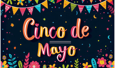 Cinco de mayo lettering design on dark background. Festive banner of national holidays of Mexico. Happy mexican fiesta logo. Colorful text illustration for poster, flyer, postcard, cover, ads, label.