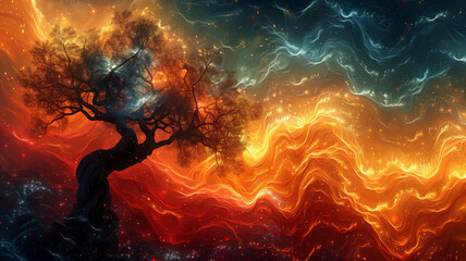 Fototapeta premium abstract nature illustration, Tree silhouette with vibrant lines, digital art. Earth day, Nature.