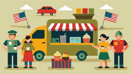 Food trucks and vendors selling themed treats and militarythemed merchandise with proceeds going towards supporting the troops.. Vector illustration