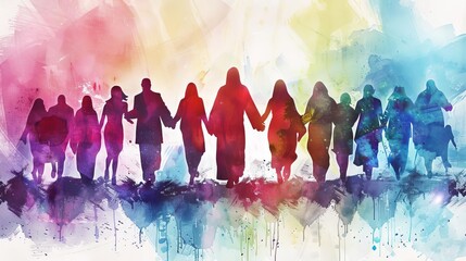 Obraz premium jesus christ holding hands with diverse group of people digital watercolor painting