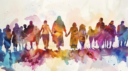 jesus christ holding hands with diverse group of people digital watercolor painting
