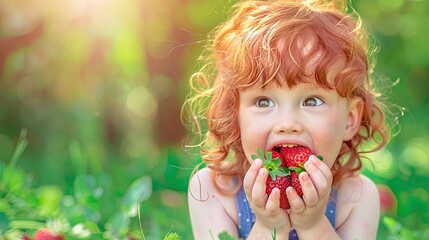 little ginger girl  with a strawberry Generative AI