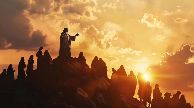 jesus christ preaching to the crowd on a mountaintop spiritual silhouette art