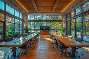 A modern meeting hall with built-in charging stations at every seat, keeping devices powered throughout lengthy meetings.