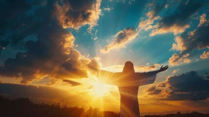 jesus christ with open arms salvation and resurrection concept vibrant sunset