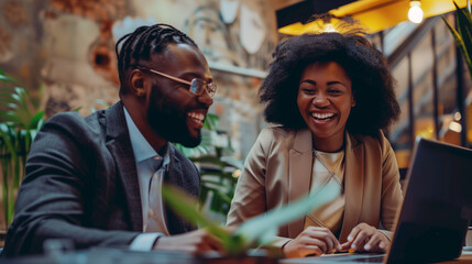 Two smiling professional business people talking using laptop computer working in office. Happy colleagues or entrepreneurs team man and woman discussing corporate technology at workplace.