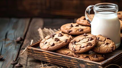 Tasty baked chocolate cookies and milk jar Generative AI