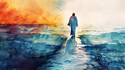 jesus walking on water watercolor biblical illustration religious art
