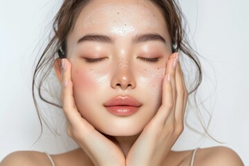 The picture of the asian woman that facing at the camera, the young beautiful girl has freckles on her face, the white lady is going under the facial treatment for her face to become clean. AIGX01.