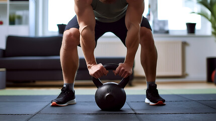 Caucasian man doing exercise with kettlebell in the living room