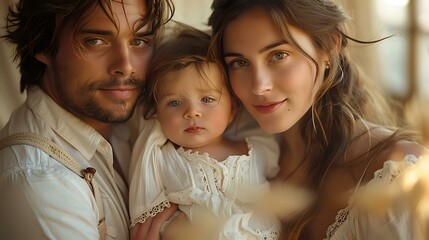 Affectionate Family Moment: Parents Cherish Newborn Baby in Soft, Loving Light