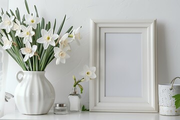 Home interior with decor elements. White frame, white daffodils in a vase, cosmetic set