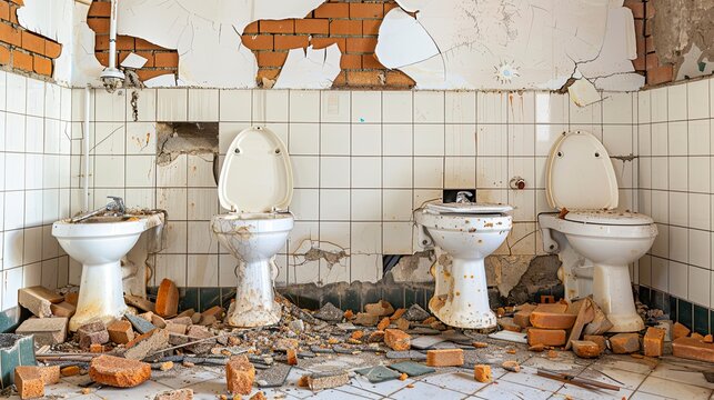 abandoned ruined toilet bowl and sink in bathroom Generative AI