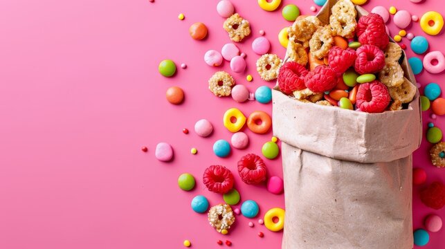   A pink surface is topped with a paper bag holding cereal, garnished by raspberries and sprinkles