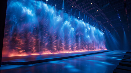 Fountain show on the stage. Laser rays in the dark