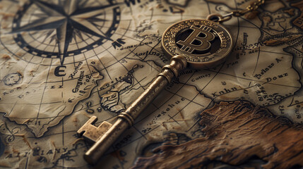 Fototapeta premium Bitcoin is the key to finding your hidden treasure. Unlocking Financial Adventures: A Bitcoin Key Poised Over a Vintage Map, Symbolizing the Treasure Hunt in Crypto - Image made using Generative AI