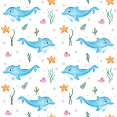 Watercolor seamless pattern with cute dolphin, starfish, fish, algae, seashells, bubbles.