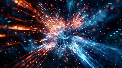 Fototapeta premium Dynamic explosion of digital data points, resembling a big bang in cyberspace.