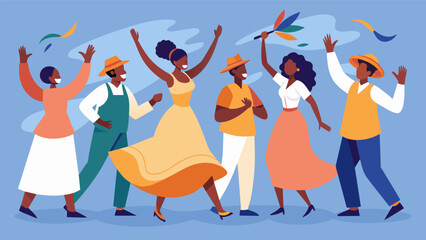 A group of newly freed slaves celebrating their freedom with dancing and music.. Vector illustration
