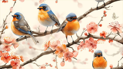 An illustrative seamless floral pattern featuring charming birds in a spring setting, perfect for weddings, anniversaries, birthdays, and parties. Ideal for banners, posters, cards