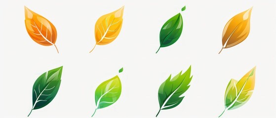 A set of stylized autumn leaves in various shapes and colors, showcasing shades of orange, yellow, and green.