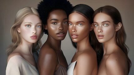 Obraz premium Four women with different hair types and skin tones, wearing light-colored tops, standing together, ai generative