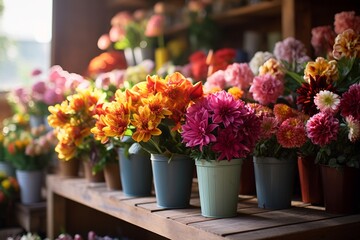 Fototapeta na wymiar Colorful flowers in the store
