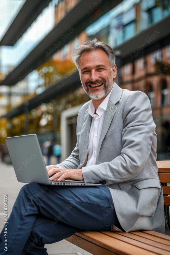 Canvas Prints Smiling middle-aged business man in grey suit sitting on a bench with a laptop against a modern office building 