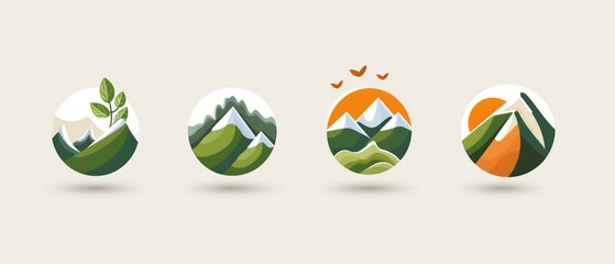 Obraz premium A series of circular icons, each showcasing stylized landscapes with mountains, greenery, and birds in vibrant colors.