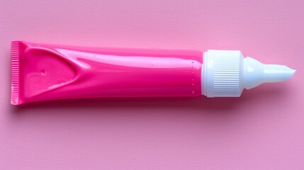   A pink toothpaste tube against a pink backdrop, capped with white