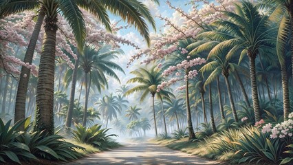 Tropical landscape with palm trees, road and flowers. 3d render