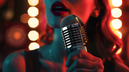  female singer holding a vintage microphone in a dark studio on a blurred background. A woman singing in the style of a retro music club or bar during an evening party.  karaoke show poster 