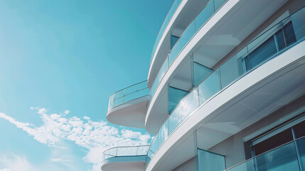 Fototapeta premium Modern Luxury Apartments with Balconies Against a Clear Blue Sky