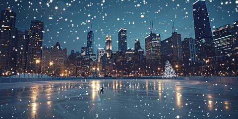 Fototapeta premium Night Skating in Chicago with City Skyline Background Beautiful Ice Rink Lit up in the Big City
