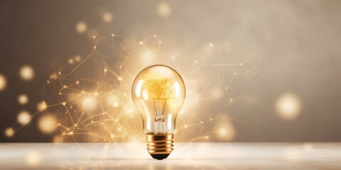 Gold backdrop with illuminated lightbulb on a white platform symbolizing ideas and creativity business concept creative thinking innovation new idea gold 