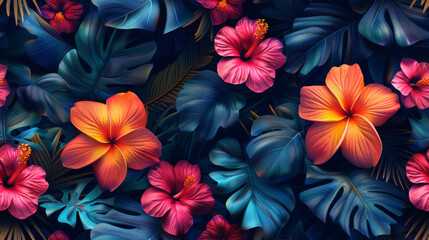 A seamless tropical pattern filled with vibrant colors and exotic motifs, capturing the essence of paradise in every design