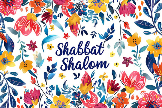 Shabbat Shalom or Shabbat of peace in Hebrew. Hand written text on colorful background with a lot of leaves and flowers. Hand lettering typography for greeting card, banner, decoration, poster.