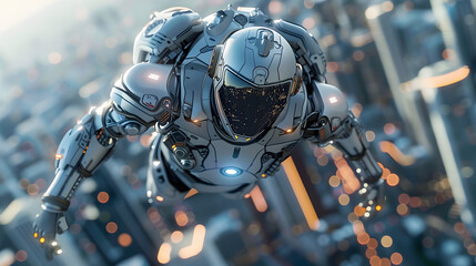 The robot or cyborg woman in the superhero iron suit is flying over a futuristic city. The character has a jetpack rocket engine and is riding a cyborg jetpack. The robot woman flies overhead.