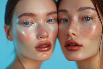 Close up portrait of two beautiful women with clean, fresh skin on a blue background. 