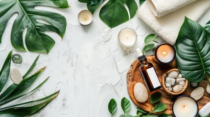 a spa setting featuring an essential oil bottle, candle, and white towel arranged on a wooden board amidst lush green leaves and hot stones, against a soothing light grey background.