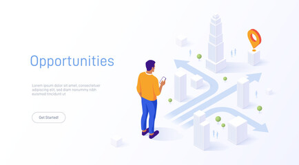 Man pondering choices at a question mark crossroad with multiple arrows. GPS navigation. Concept of decision making. Vector isometric illustration. Business concept.