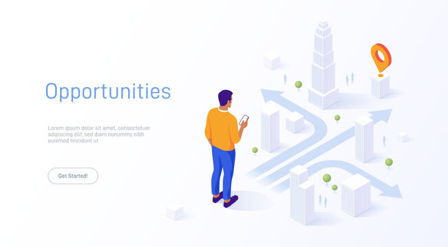 Man pondering choices at a question mark crossroad with multiple arrows. GPS navigation. Concept of decision making. Vector isometric illustration. Business concept.