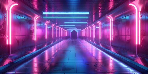 bstract background of futuristic corridor with purple and blue neon lights