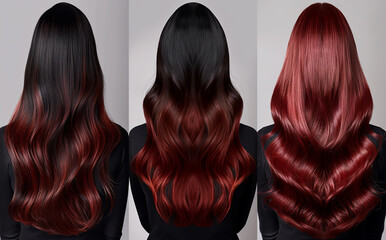 3 different long hair color styles, straight and wavy