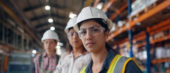 three young female hispanic warehouse workers looking at the camera wearing a hardhat and a reflective vest