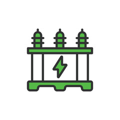 Obraz premium Transformer, in line design, green. Electrical, Power transformer, Voltage, Distribution transformer on white background vector. Transformer editable stroke icon.