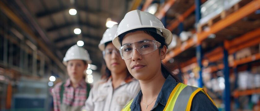three young female hispanic warehouse workers looking at the camera wearing a hardhat and a reflective vest